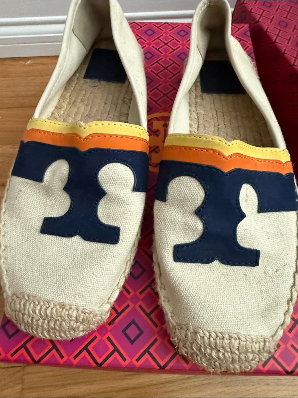 Tory Burch Cream Canvas Espadrilles with Navy Logo and Orange & Yellow Trim